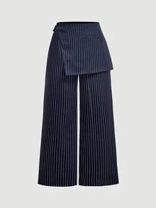 SHEIN MOD بنطال أنيق بساق مستقيمة 2 في 1 مخطط باللون الأزرق مقاس كبير للخريف/الشتاء، ملابس كاجوال للتنقل - أزرق بحري - مشاهدة 6
