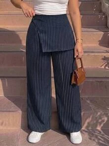 SHEIN MOD بنطال أنيق بساق مستقيمة 2 في 1 مخطط باللون الأزرق مقاس كبير للخريف/الشتاء، ملابس كاجوال للتنقل - أزرق بحري - مشاهدة 7