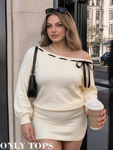 SHEIN MOD Plus Size Apricot Asymmetric Neck Contrast Color Ribbon Knit Dress, Casual Preppy Style For Girls, Suitable For Daily Wear, Dating And Gatherings - Apricot - View 5