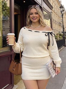SHEIN MOD Plus Size Apricot Asymmetric Neck Contrast Color Ribbon Knit Dress, Casual Preppy Style For Girls, Suitable For Daily Wear, Dating And Gatherings - Apricot - View 1