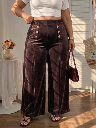 SHEIN MOD Plus Size Autumn/Winter Vintage High Waist Brown Velvet Wide Leg Pants, Elegant Commute Outfit, Retro Party Outfit