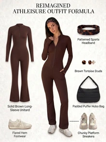Fluxe Women's Brown Long Sleeve Front Zipper Jumpsuit With Flared Pants And Hollow Back Design - Coffee Brown - View 4