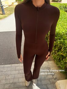 Fluxe Women's Brown Long Sleeve Front Zipper Jumpsuit With Flared Pants And Hollow Back Design - Coffee Brown - View 7