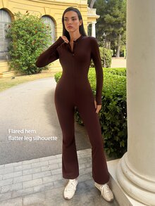 Fluxe Women's Brown Long Sleeve Front Zipper Jumpsuit With Flared Pants And Hollow Back Design - Coffee Brown - View 9