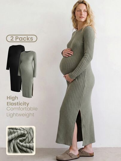 Modmama 2pcs Maternity Simple Versatile Long Sleeve Side Slit Dress