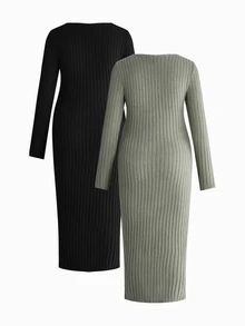 Modmama 2pcs Maternity Simple Versatile Long Sleeve Side Slit Dress Fall - Multicolor - View 3