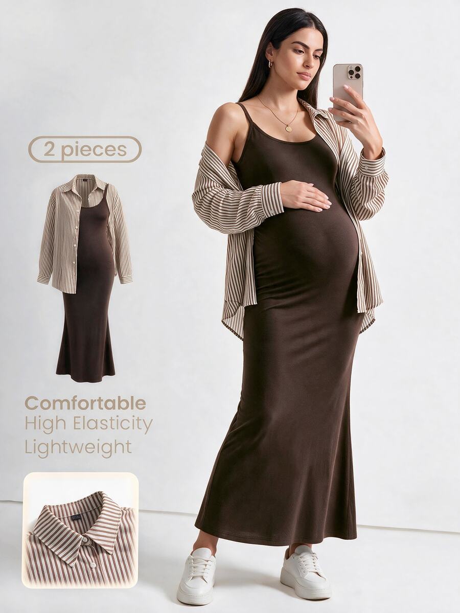 Modmama Maternity Striped Long Sleeve Single-Breasted Shirt And Camisole Dress Casual 2 Pieces Set Fall - Brown - View 1