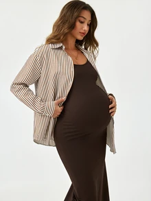 Modmama Maternity Striped Long Sleeve Single-Breasted Shirt And Camisole Dress Casual 2 Pieces Set Fall - Brown - View 6