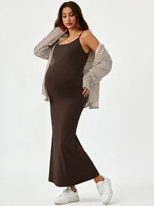 Modmama Maternity Striped Long Sleeve Single-Breasted Shirt And Camisole Dress Casual 2 Pieces Set Fall - Brown - View 5
