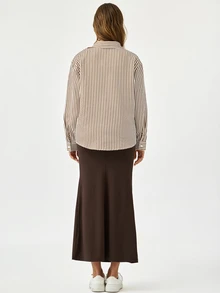 Modmama Maternity Striped Long Sleeve Single-Breasted Shirt And Camisole Dress Casual 2 Pieces Set Fall - Brown - View 4