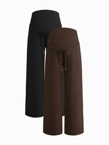 Modmama 2PCS Maternity Solid Color Adjustable Waist Straight Leg Trousers Fall - Multicolor - View 13