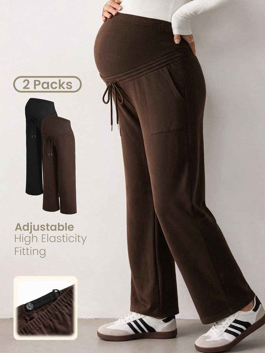 Modmama 2PCS Maternity Solid Color Adjustable Waist Straight Leg Trousers Fall - Multicolor - View 1