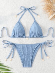 SHEIN Swim 夏季海灘質感露背綁頸兩件式比基尼套裝 - 藍色 - 查看 4