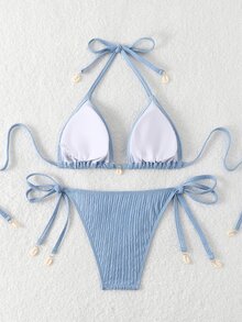 SHEIN Swim 夏季海灘質感露背綁頸兩件式比基尼套裝 - 藍色 - 查看 3