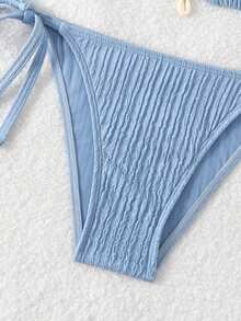 SHEIN Swim 夏季海灘質感露背綁頸兩件式比基尼套裝 - 藍色 - 查看 7