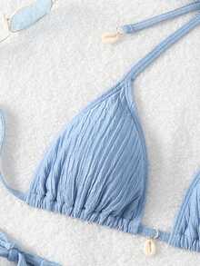 SHEIN Swim 夏季海灘質感露背綁頸兩件式比基尼套裝 - 藍色 - 查看 6
