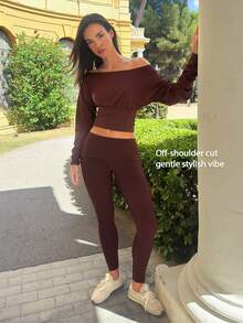 Fluxe Women's Asymmetric Neck Long Sleeve T-Shirt And Leggings Sports Set - Maroon - View 3