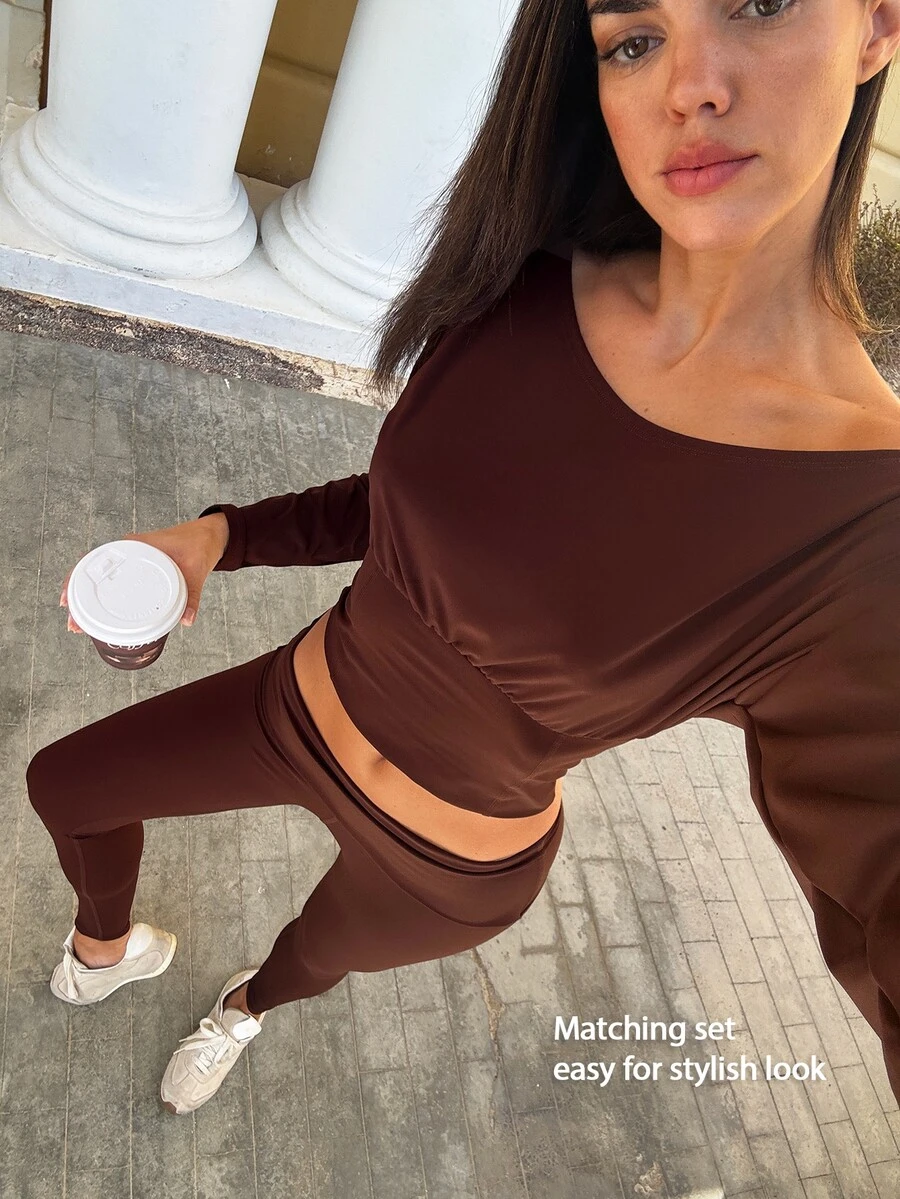 Fluxe Women's Asymmetric Neck Long Sleeve T-Shirt And Leggings Sports Set - Maroon - View 1