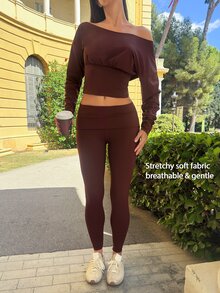 Fluxe Women's Asymmetric Neck Long Sleeve T-Shirt And Leggings Sports Set - Maroon - View 9