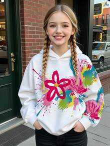 Tween Girls Sweet Faux Pearl Bow Print Sweatshirt Cozy Fall Winter Styles Suitable For Autumn Back To School Everyday White Streetwear Casual Graphic - Multicolor - View 5