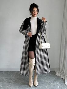 Elenzga 標準尺寸女款秋冬拼接格紋收腰A字優雅大衣 - 彩色 - 查看 7