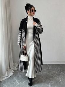 Elenzga 標準尺寸女款秋冬拼接格紋收腰A字優雅大衣 - 彩色 - 查看 1