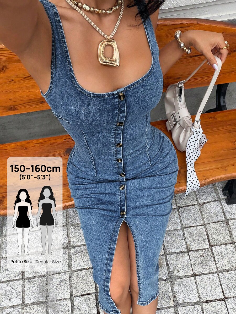Rivivi Petite 時尚休閒水洗牛仔前開衩女款牛仔洋裝 - 深色水洗藍 - 查看 1