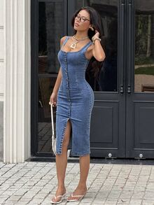 Rivivi Petite 時尚休閒水洗牛仔前開衩女款牛仔洋裝 - 深色水洗藍 - 查看 4