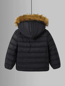 SHEIN Kids 1pc Young Boys Casual Versatile Comfortable Loose Practical Solid Color Zip-Up Hooded Winter Jacket With Fur Trim - Black - View 3