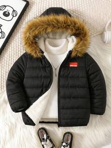 SHEIN Kids 1pc Young Boys Casual Versatile Comfortable Loose Practical Solid Color Zip-Up Hooded Winter Jacket With Fur Trim - Black - View 4