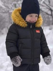 SHEIN Kids 1pc Young Boys Casual Versatile Comfortable Loose Practical Solid Color Zip-Up Hooded Winter Jacket With Fur Trim - Black - View 2