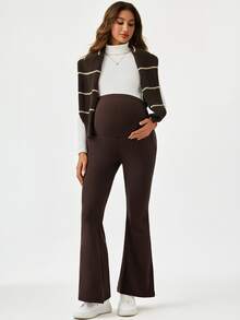 Modmama Maternity Solid Color Adjustable Waist Casual Flare Pants - Brown - View 6