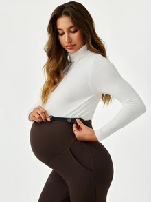 Modmama Maternity Solid Color Adjustable Waist Casual Flare Pants - Brown - View 7