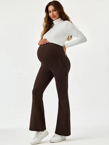 Modmama Maternity Solid Color Adjustable Waist Casual Flare Pants - Brown - View 5