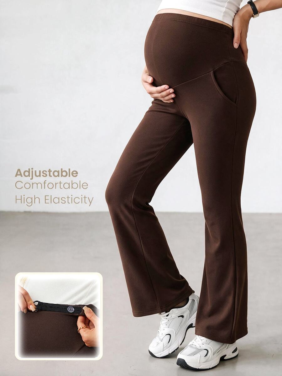 Modmama Maternity Solid Color Adjustable Waist Casual Flare Pants - Brown - View 1