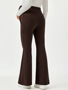 Modmama Maternity Solid Color Adjustable Waist Casual Flare Pants - Brown - View 2
