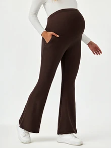 Modmama Maternity Solid Color Adjustable Waist Casual Flare Pants - Brown - View 4