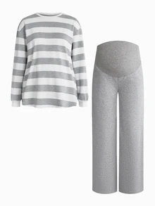 Modmama Maternity Autumn/Winter Casual Striped Top And Pants 2 Pieces Set Fall - Grey - View 13