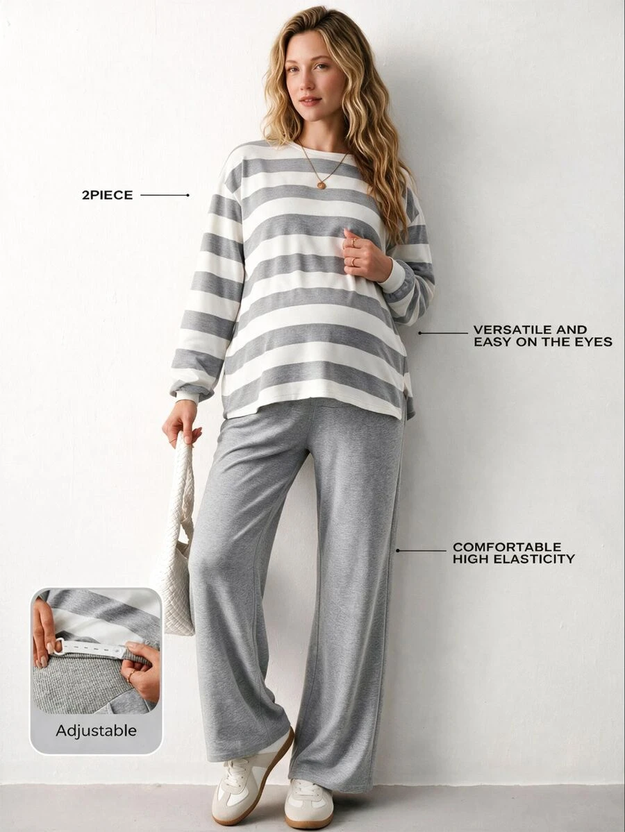 Modmama Maternity Autumn/Winter Casual Striped Top And Pants 2 Pieces Set Fall - Grey - View 1