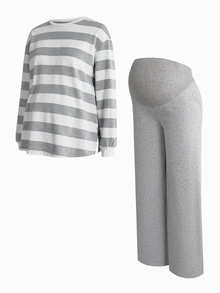 Modmama Maternity Autumn/Winter Casual Striped Top And Pants 2 Pieces Set Fall - Grey - View 12