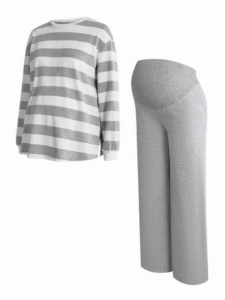 Modmama Maternity Autumn/Winter Casual Striped Top And Pants 2 Pieces Set Fall - Grey - View 12