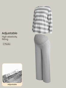 Modmama Maternity Autumn/Winter Casual Striped Top And Pants 2 Pieces Set Fall - Grey - View 2