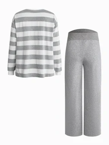 Modmama Maternity Autumn/Winter Casual Striped Top And Pants 2 Pieces Set Fall - Grey - View 3