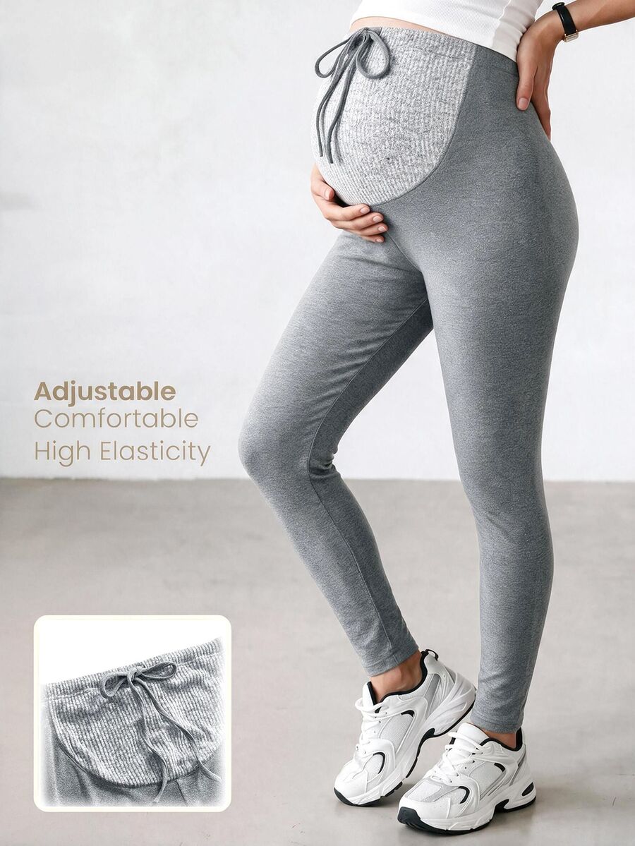 Modmama Maternity Colorblock Waist Tie Casual Versatile Leggings - Grey - View 1