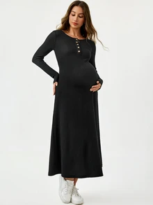 Modmama Maternity Solid Color Button Design Round Neck Long Sleeve Casual Dress Fall - Grey - View 7
