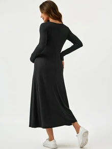 Modmama Maternity Solid Color Button Design Round Neck Long Sleeve Casual Dress Fall - Grey - View 3