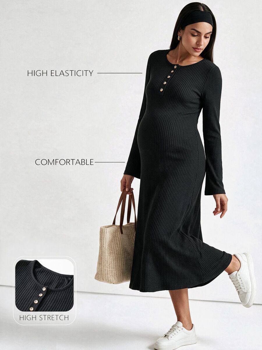 Modmama Maternity Solid Color Button Design Round Neck Long Sleeve Casual Dress Fall - Grey - View 1