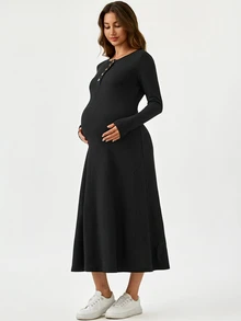 Modmama Maternity Solid Color Button Design Round Neck Long Sleeve Casual Dress Fall - Grey - View 4