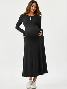 Modmama Maternity Solid Color Button Design Round Neck Long Sleeve Casual Dress Fall - Grey - View 6