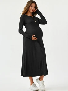 Modmama Maternity Solid Color Button Design Round Neck Long Sleeve Casual Dress Fall - Grey - View 5